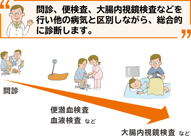 問診、便検査、大腸内視鏡検査などを行い他の病気と区別しながら、総合的に診断します。