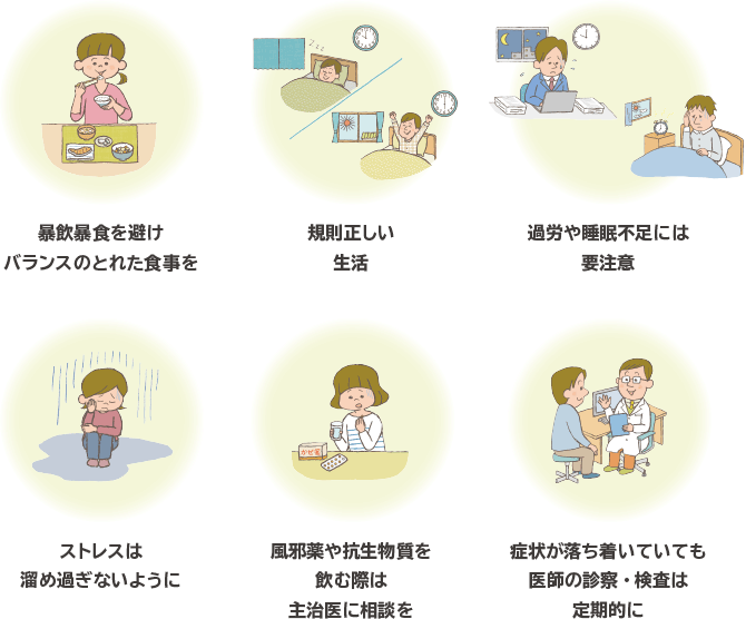 暴飲暴食を避けバランスのとれた食事を 規則正しい生活 過労や睡眠不足には要注意 ストレスは溜め過ぎないように 風邪薬や抗生物質を飲む際は主治医に相談を 症状が落ち着いていても医師の診察・検査は定期的に