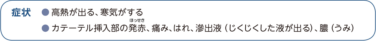 症状　高熱がでる、寒気がする、カテーテル挿入部の発赤、痛み、はれ、滲出液（じくじくした液が出る）、膿（うみ）